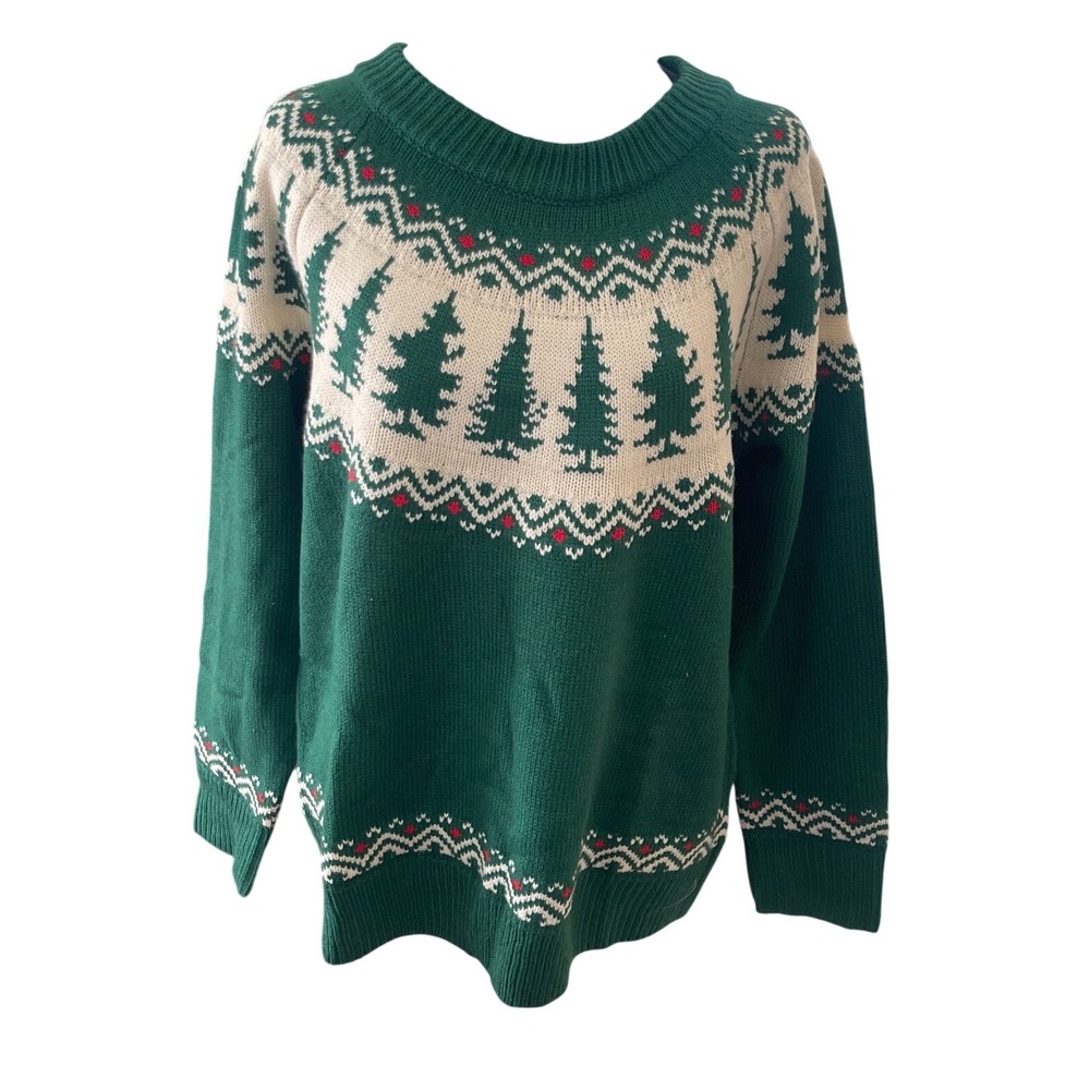 Womens Green Fair Isle Christmas Tree Knit Sweater Holiday Pullover Large NEW